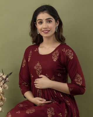 Zyla Women Printed Anarkali Kurta(Maroon)