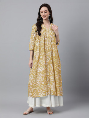 Janasya Women Floral Print, Printed Flared Kurta(Yellow)