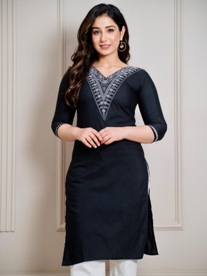 DALIVD X Women Embroidered Straight Kurta(Black)