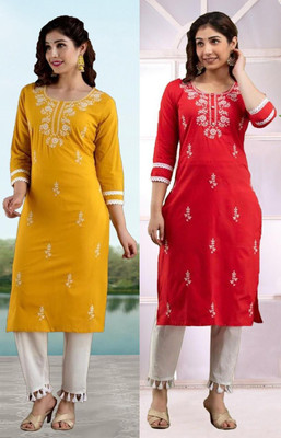 vikshi Women Chikan Embroidery Straight Kurta(Multicolor)