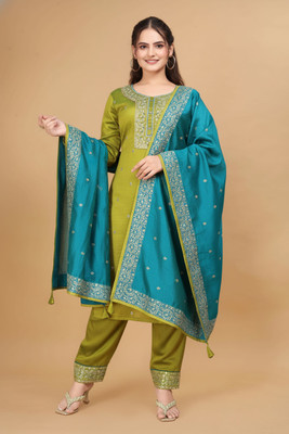 Aureliafashion Women Embroidered Cape Top Kurta(Green, Light Blue)