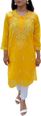 A A Handwork Chikan Women Chikan Embroidery A-line Kurta(Yellow)