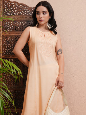 Vishudh Women Embroidered A-line Kurta(Orange)