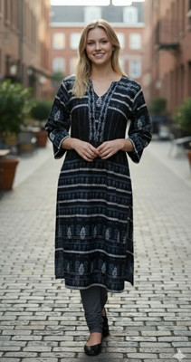 tecido trendze Women Printed Straight Kurta(Black)