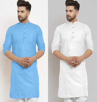 Krudha Men Solid Straight Kurta(Light Blue, White)
