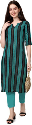LOOKMARK Women Striped Straight Kurta(Green, Black)