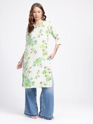 Anouk Rustic Women Floral Print Straight Kurta(White)