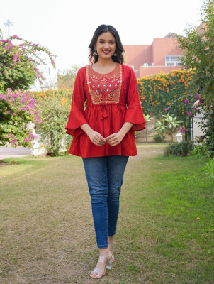 NAZIMPRINT Women Solid Flared Kurta(Red)