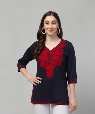 FamBee Women Embroidered Straight Kurta(Dark Blue)
