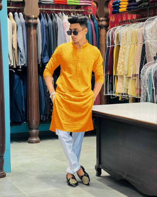 manpera Men Chikan Embroidery Straight Kurta(Yellow)