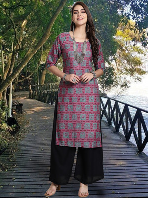 EthnicBasket Women Printed Straight Kurta(Purple, Blue)