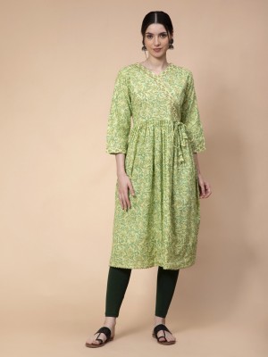 Fabclub Women Floral Print Anarkali Kurta(Light Green, Beige, Green)