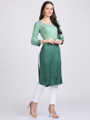 Fashion Chikan Art Women Dyed/Ombre Straight Kurta(Dark Green, Light Green)