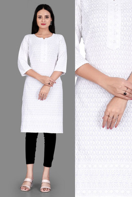 Sarvam Women Chikan Embroidery Straight Kurta(White)