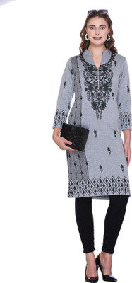 Rosary Women Printed Straight Kurta(Grey)