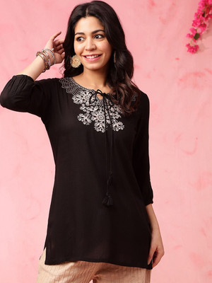 ANOUK Women Embroidered A-line Kurta(Black)