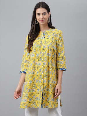 Janasya Women Floral Print Flared Kurta(Yellow)