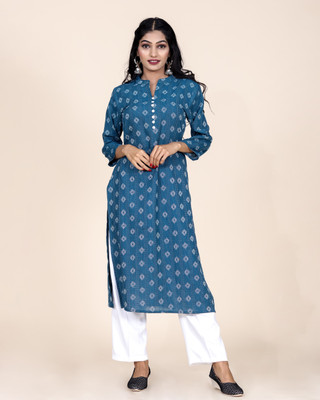 Sharleez Women Printed Straight Kurta(White, Dark Blue)