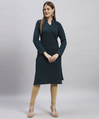 MORKEL Women Self Design Straight Kurta(Blue)