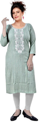R KANISHKA Women Embroidered Straight Kurta(Green)