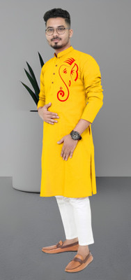 Mamta fab Men Printed Straight Kurta(Yellow)