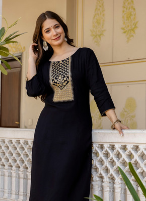 Surhi Women Embroidered Straight Kurta(Black)