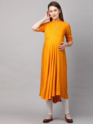 MomToBe Women Solid Anarkali Kurta(Yellow)