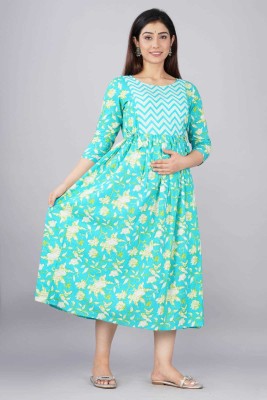 ARKAVYA Women Fit and Flare Light Green, White, Light Blue Dress