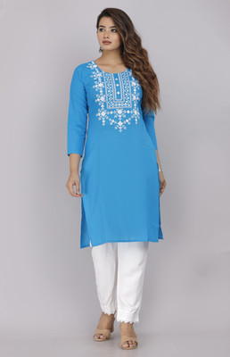 P PRIYA FASHION Women Embroidered Straight Kurta(Blue)