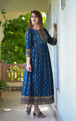 aerotick Women Printed Anarkali Kurta(Light Blue)
