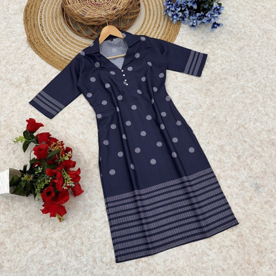 Pari Fusion Women Floral Print Straight Kurta(Dark Blue)
