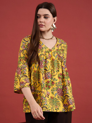 all about you Women Printed Cape Top Kurta(Yellow)