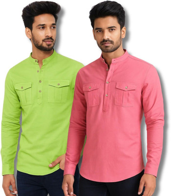 GOD HEART Men Solid Straight Kurta(Light Green, Pink)