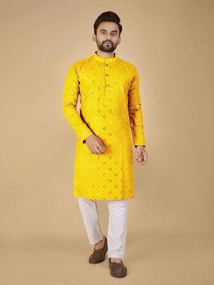KURTAFORMEN Men Embellished Straight Kurta(Yellow)