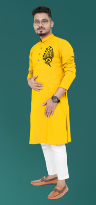 Mamta fab Men Printed Straight Kurta(Yellow)