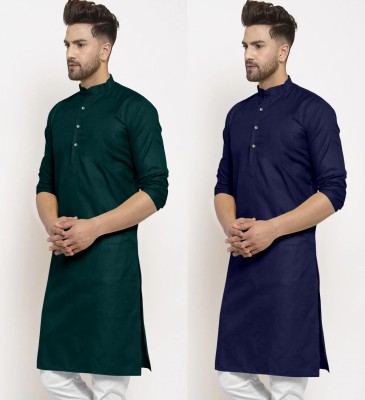 tejvin Men Solid Straight Kurta(Green, Dark Blue)