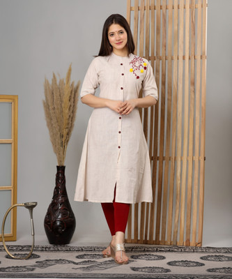 LOOMS21 Women Embroidered A-line Kurta(Beige)
