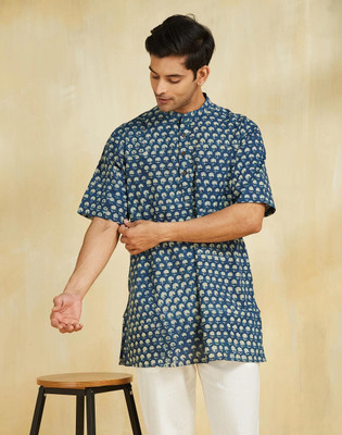 Fabindia Men Printed Straight Kurta(Blue)