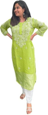 Maheshwarisons Women Embroidered Straight Kurta(Light Green)