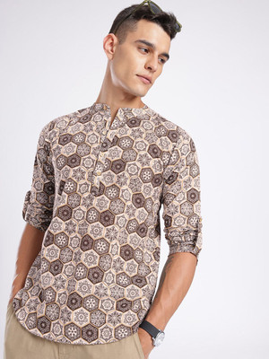 Anouk Rustic Men Geometric Print Straight Kurta(Brown)