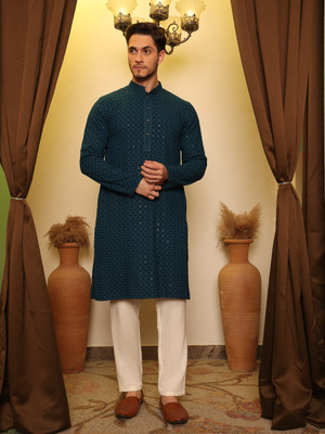 House of Pataudi Men Embroidered Straight Kurta(Blue)