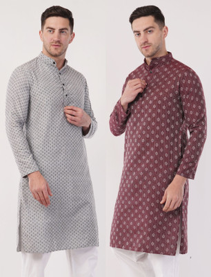 Zargnut Attire Men Printed Straight Kurta(Grey, Maroon)