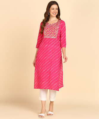 maaesa Women Embroidered Straight Kurta(Pink)