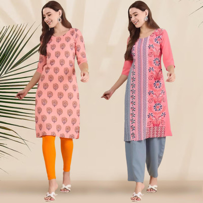 1 Stop Fashion Women Printed Straight Kurta(Pink, Orange)