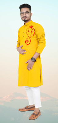 Mamta fab Men Printed Straight Kurta(Yellow)