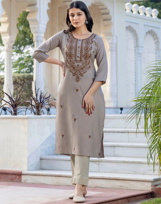 Anmi Chikan Embroidery Women Straight Kurta(Grey)