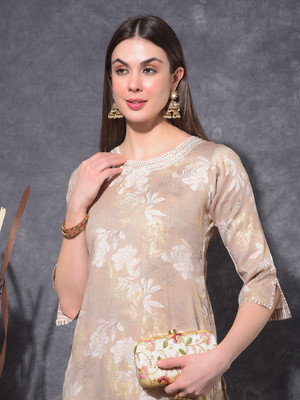 Mamoose Women Floral Print Ethnic Dress Kurta(Beige, Brown)