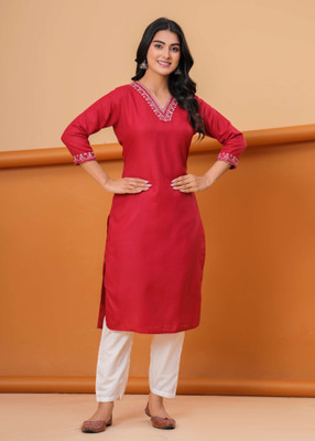 HEARTLOOM Women Embroidered Straight Kurta(Red)