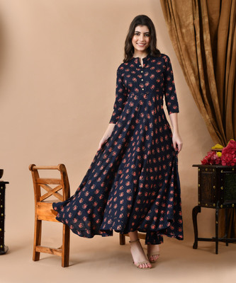 ftDiva Women Floral Print Anarkali Kurta(Blue)
