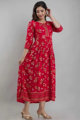 ROOPRANI TEXTILES Women Printed Anarkali Kurta(Red)